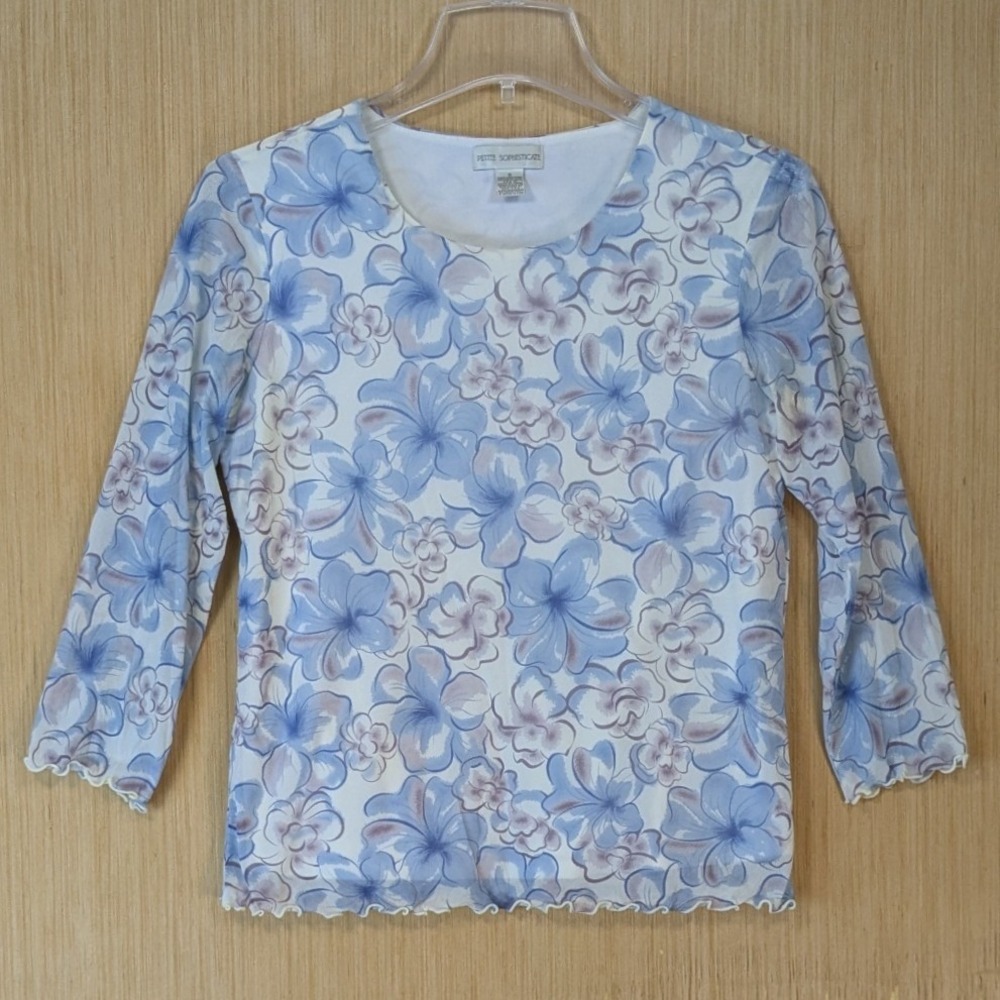 Womens Y2K Dainty Cottage Fairy Floral Mesh Top Size S Baby Blue Lettuce Edge